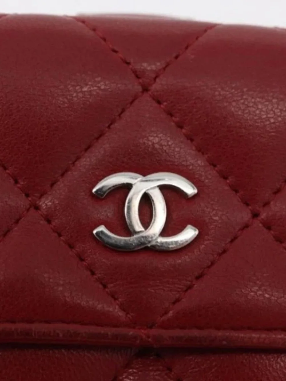 CHANEL Matelasse Compact Wallet Lamb Skin Red Silver CC Auth 179886A